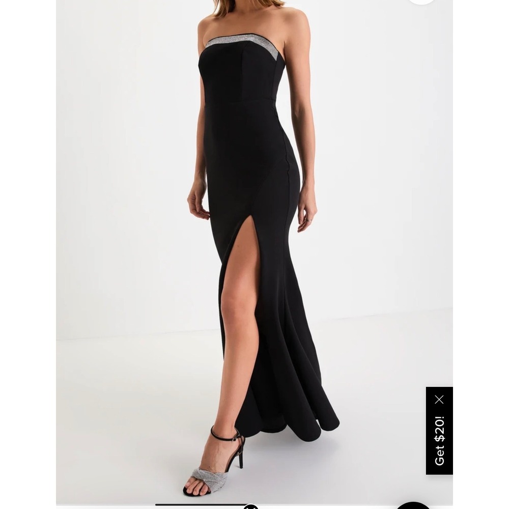 Lulus Maxi Dress Rhinestone Glam Sexy Strapless Slit Gown Womens Small Black